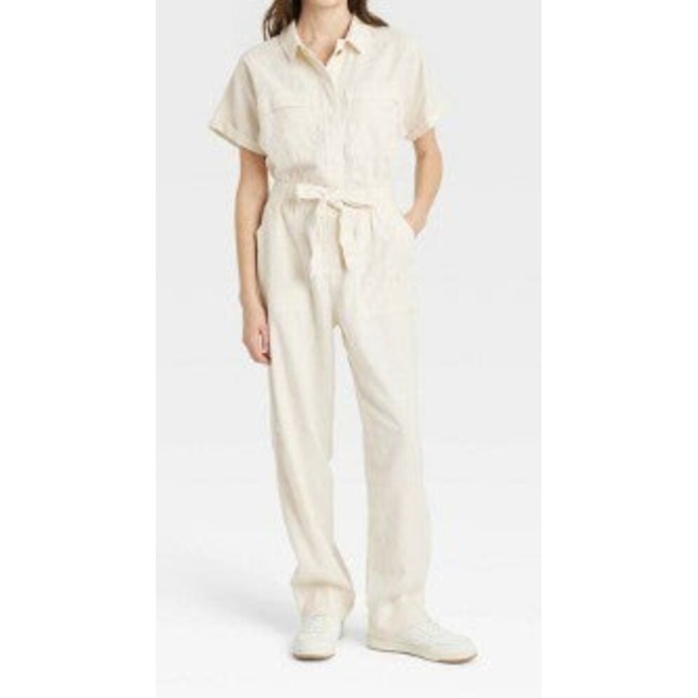 Women's Short Sleeve Linen Boilersuit - Universal Thread cream 4